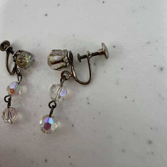 Beaded Screw Back Beaded Earrings AB Drop Dangle Silver Tone Vintage Used, see p - Picture 3 of 6